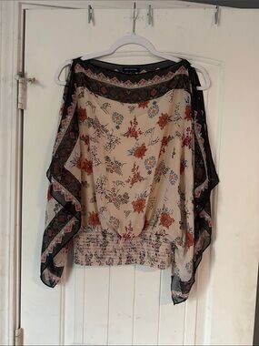 Max Edition Boho Floral Smocked-Hem Poncho Blouse- Small